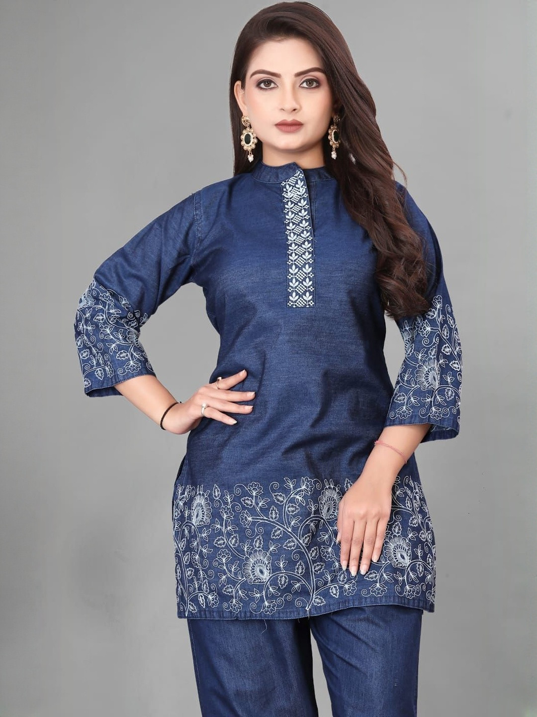 SWORNY FASHION Embroidered Shirt Collar Tunic With Trousers