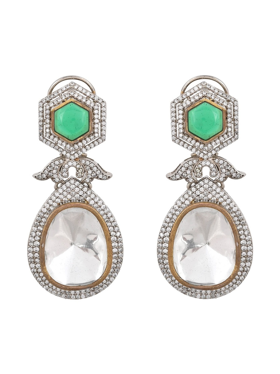 Richlook Rhodium-Plated Emerald Studded Teardrop Shaped Drop Earrings