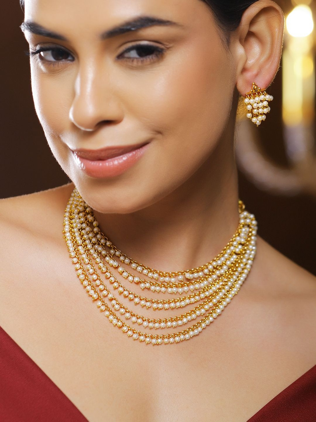 Rubans 22K Gold-Plated Handcrafted Multi-Layer Necklace Set with White Pearls & Earrings