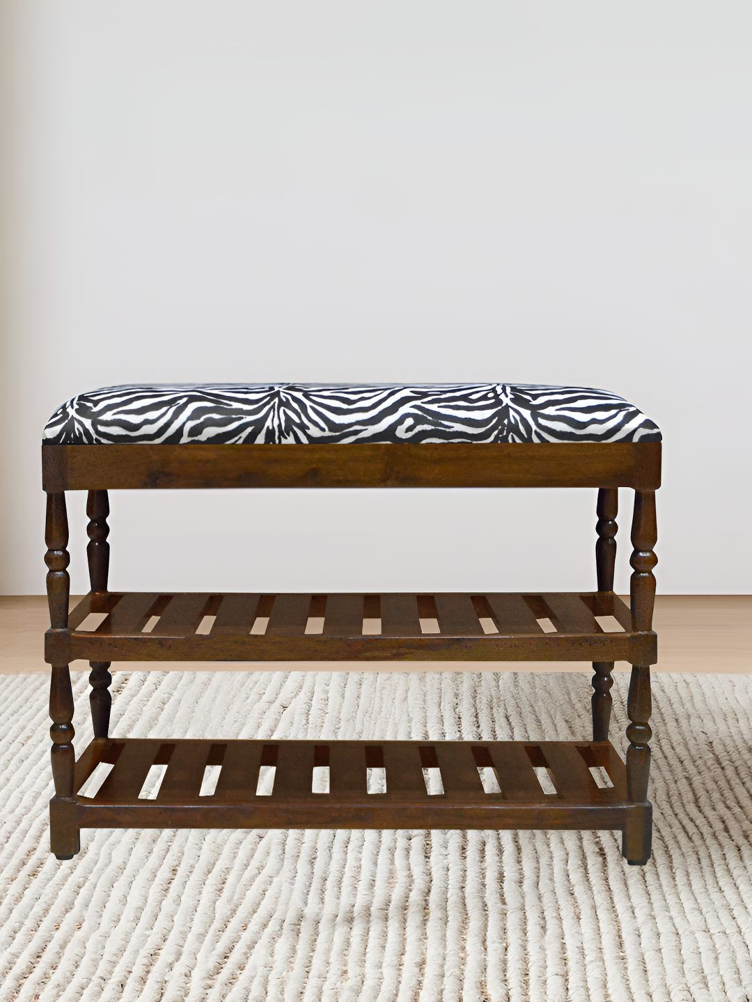 GLOBALLY INDIAN Wood Shoe Rack In Provincial Teak Finish in Black and White Animal Print