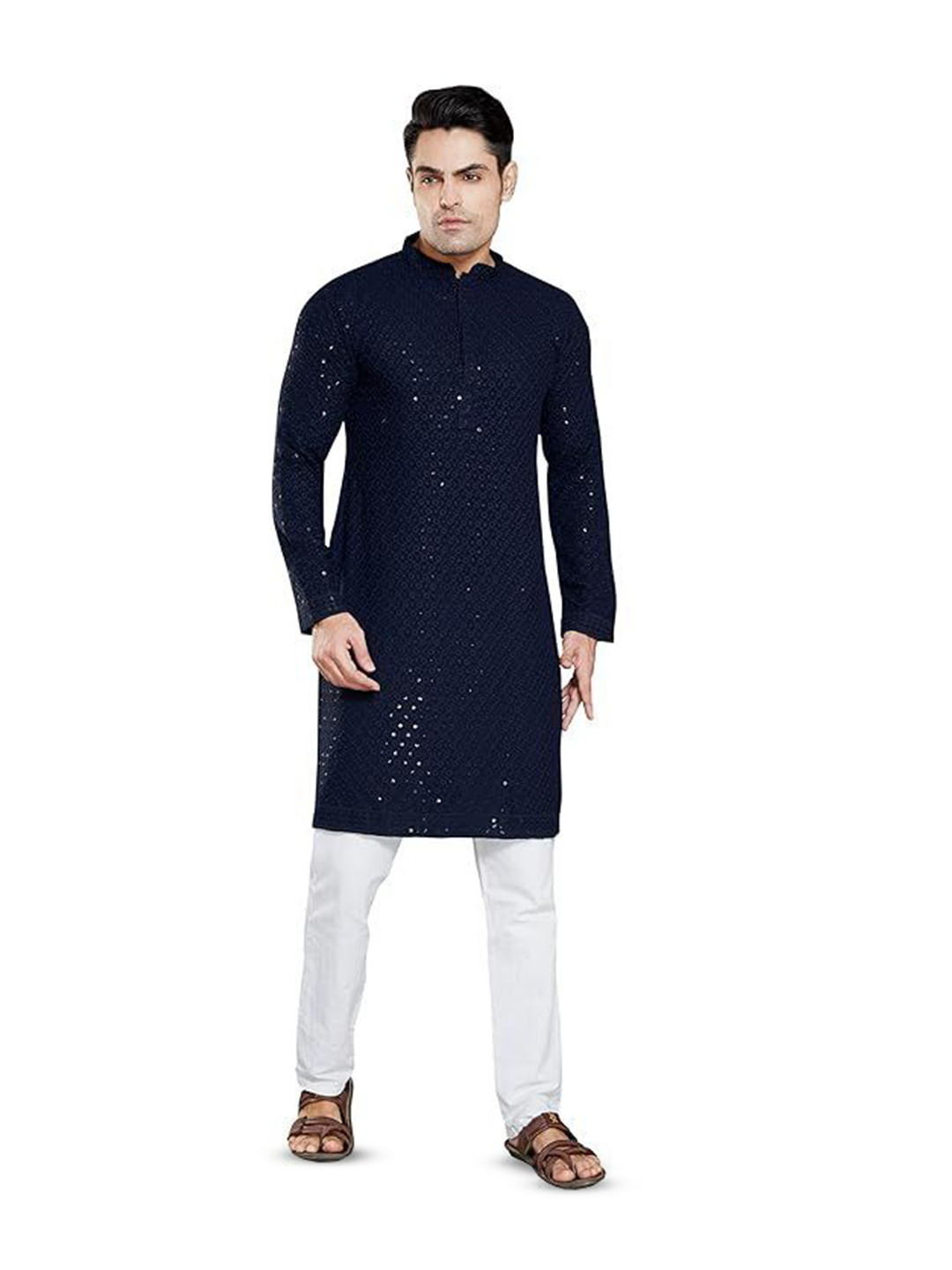 Viradiya Men Geometric Embroidered Mirror Work Cotton Straight Kurta