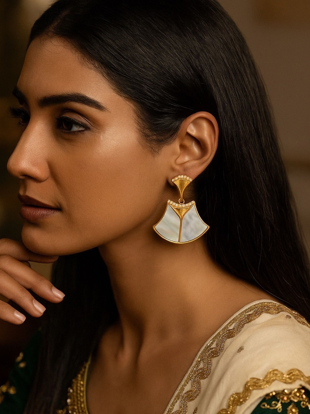 Digital Dress Room Gold-Plated American Diamond And Pearls Studded Geometric Drop Earrings