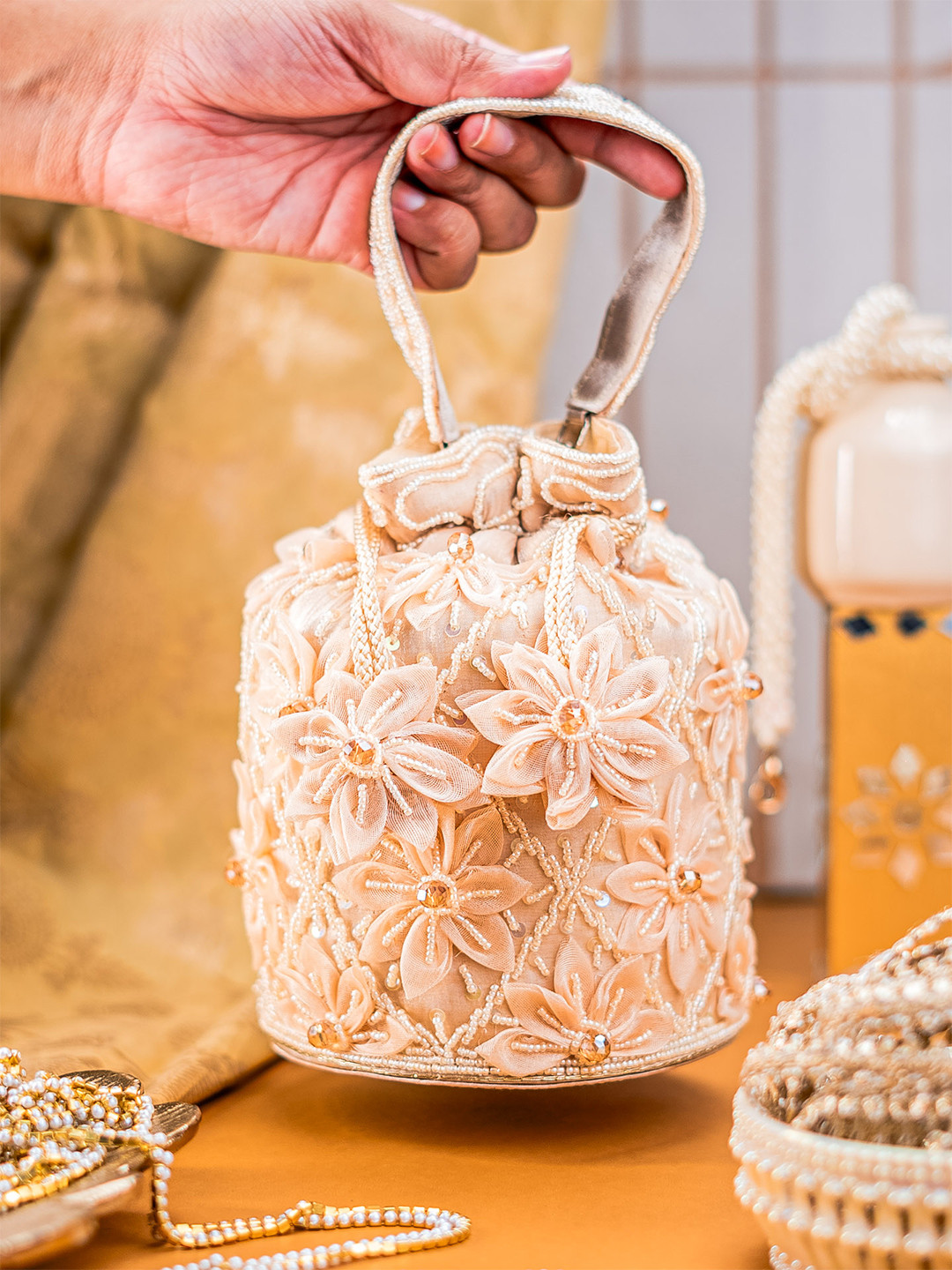 NR By Nidhi Rathi Floral Detailing Embellished Satin Potli Clutch