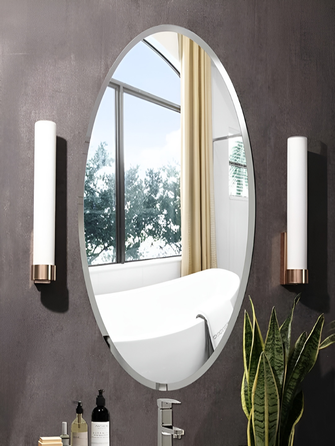 ADINATH CREATORS Transparent Oval Shaped Glass Wall Mirror