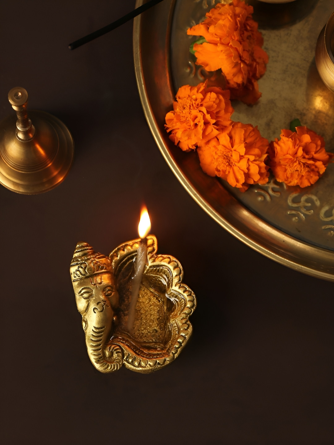 Revive Home Gold-Toned Textured Ganesha Ear Design Diya