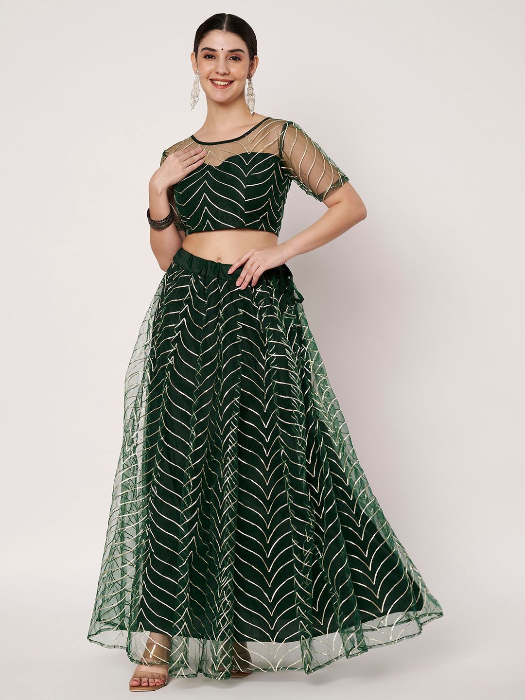 studio rasa Embroidered Round Neck Short Sleeves Lehenga Set