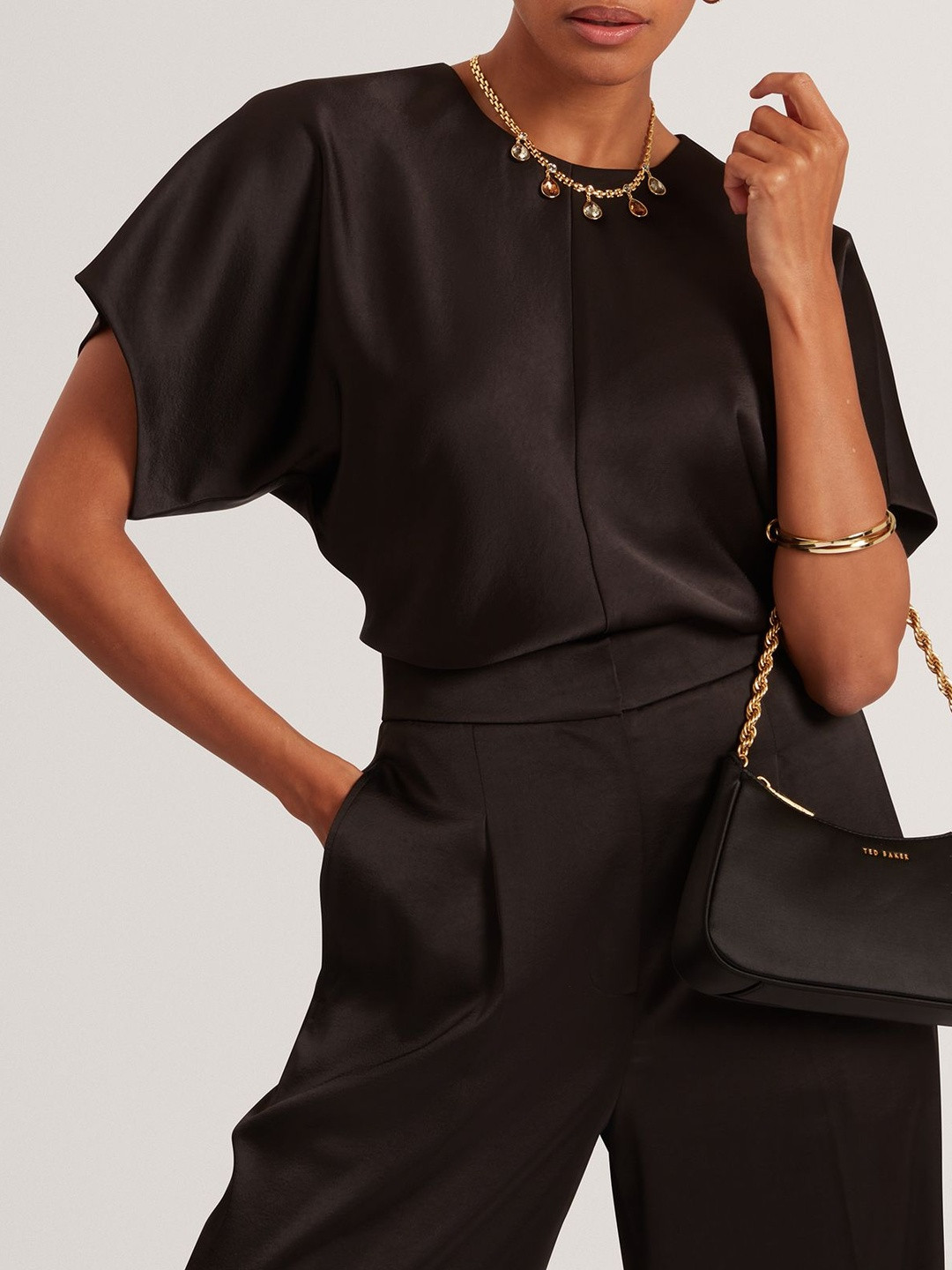 Ted Baker Women Solid Batwing Sleeve Round Neck Cotton Top