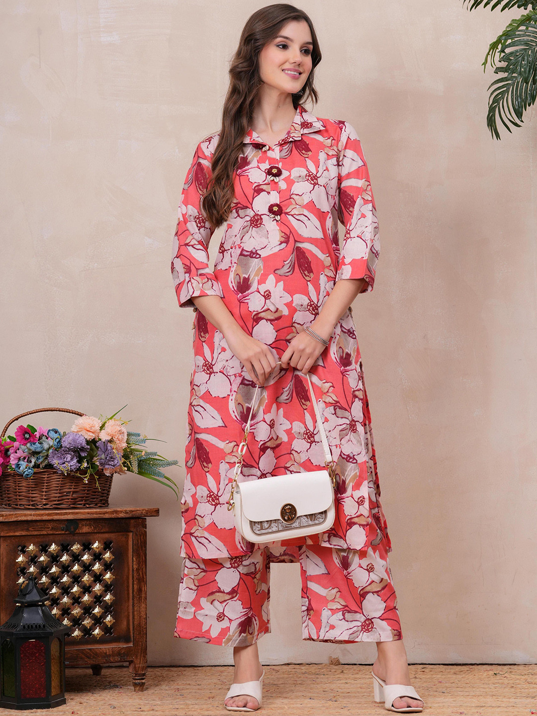 OH MI DIOS Red Printed Shirt Collar Tunic & Trousers Set