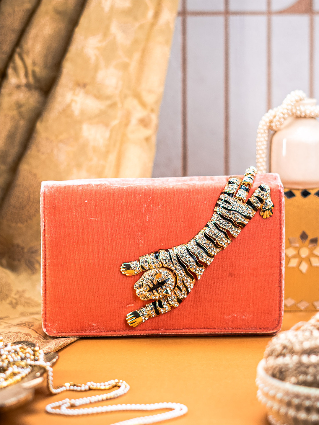 NR By Nidhi Rathi Tiger Motif Embellished Velvet Box Clutch
