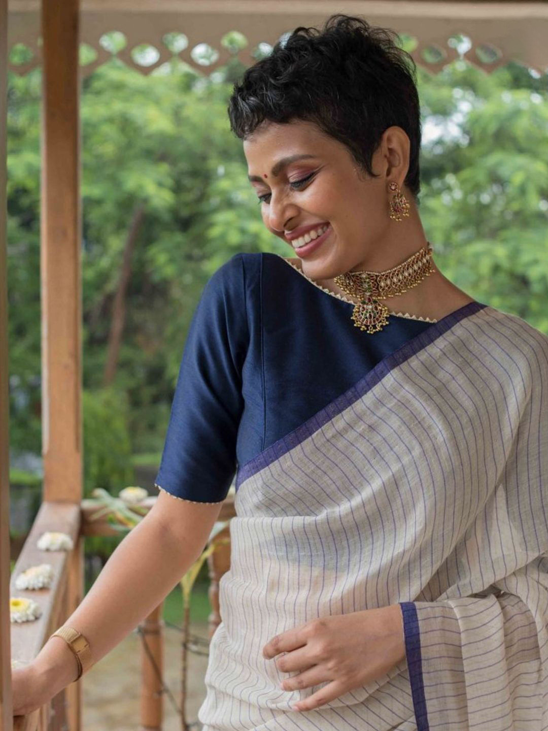 Suta Blue Polyester Boat-Neck Saree Blouse