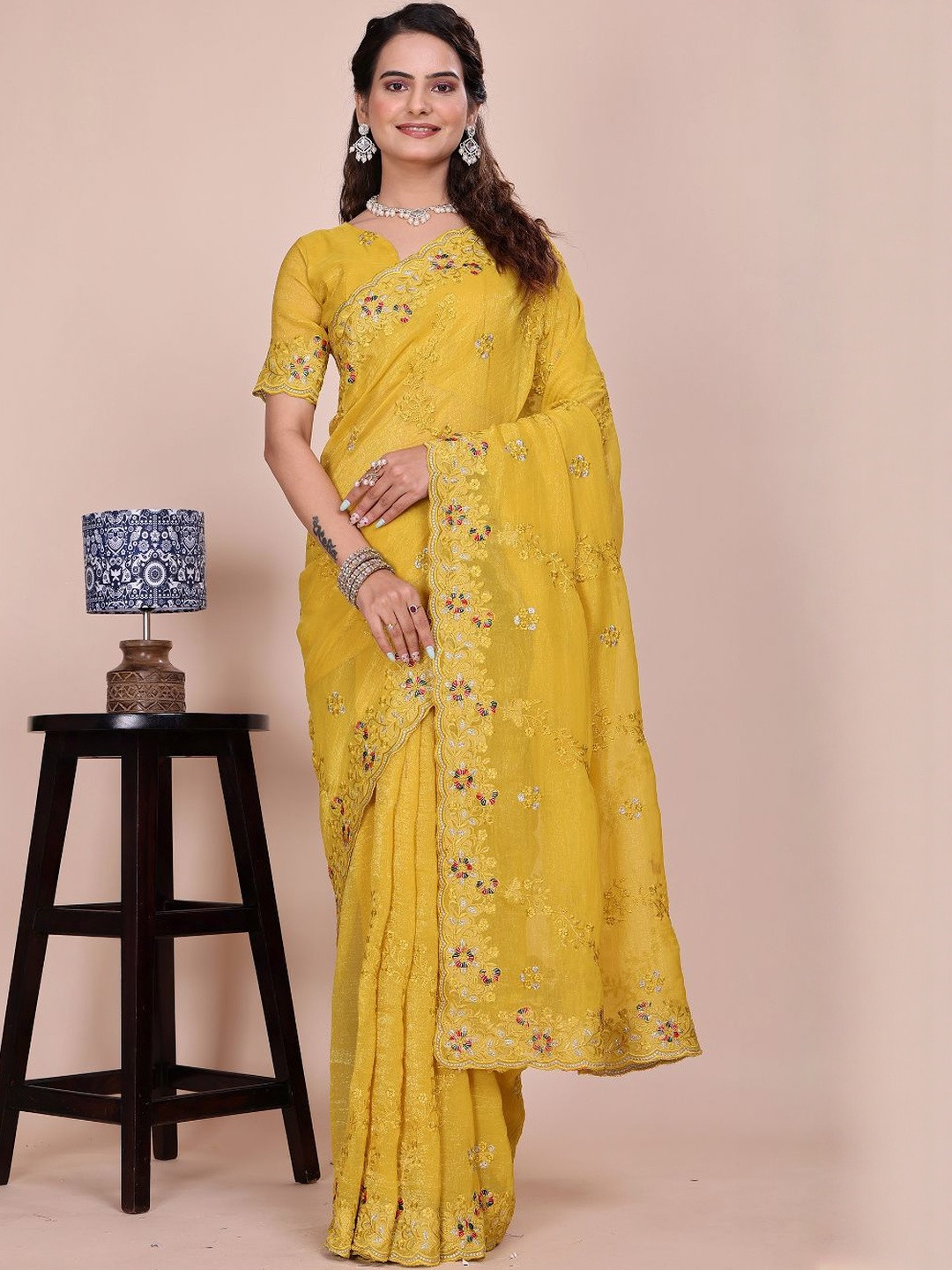 K 5 Fashion Women Tissue Floral Embroidered Chikankari Saree