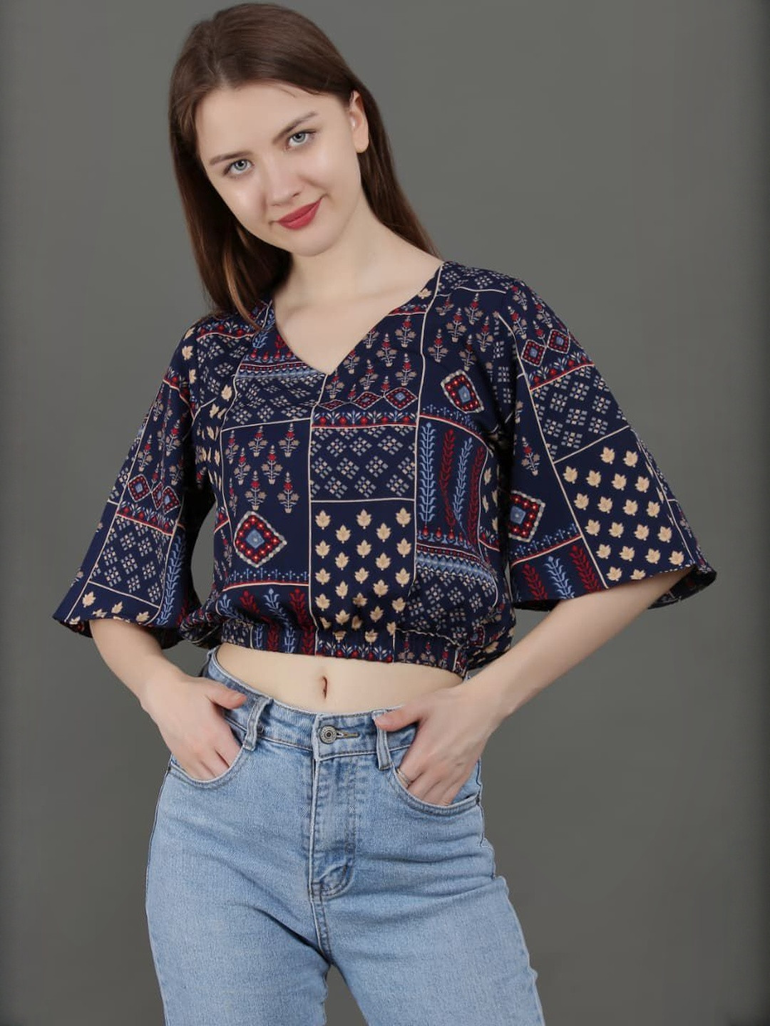 REVAFAB Women V-Neck Flared Sleeve Ethnic Cotton Crop Top