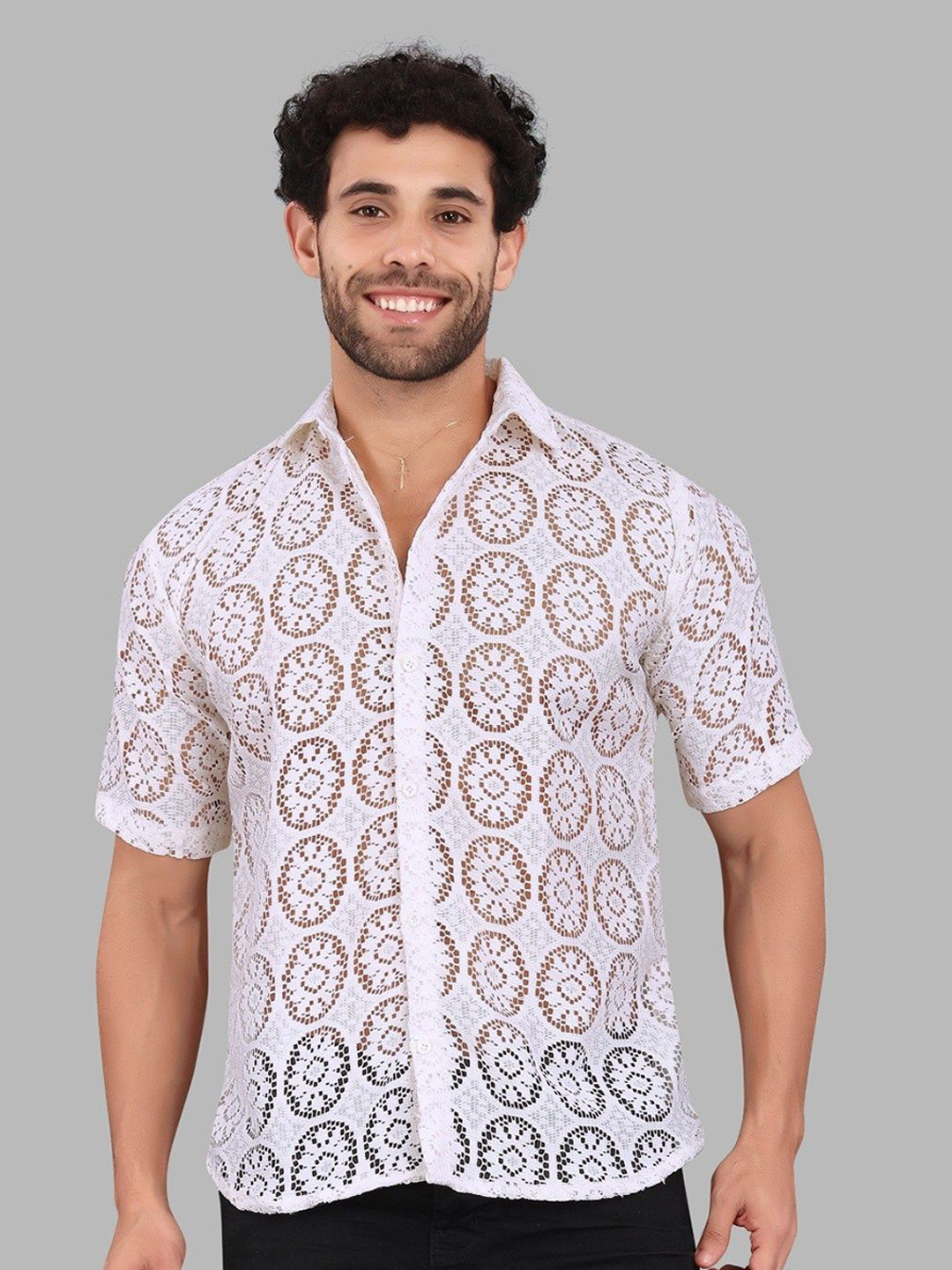Lunice Men Standard Fit Textured Spread Collar Cotton Casual Shirt