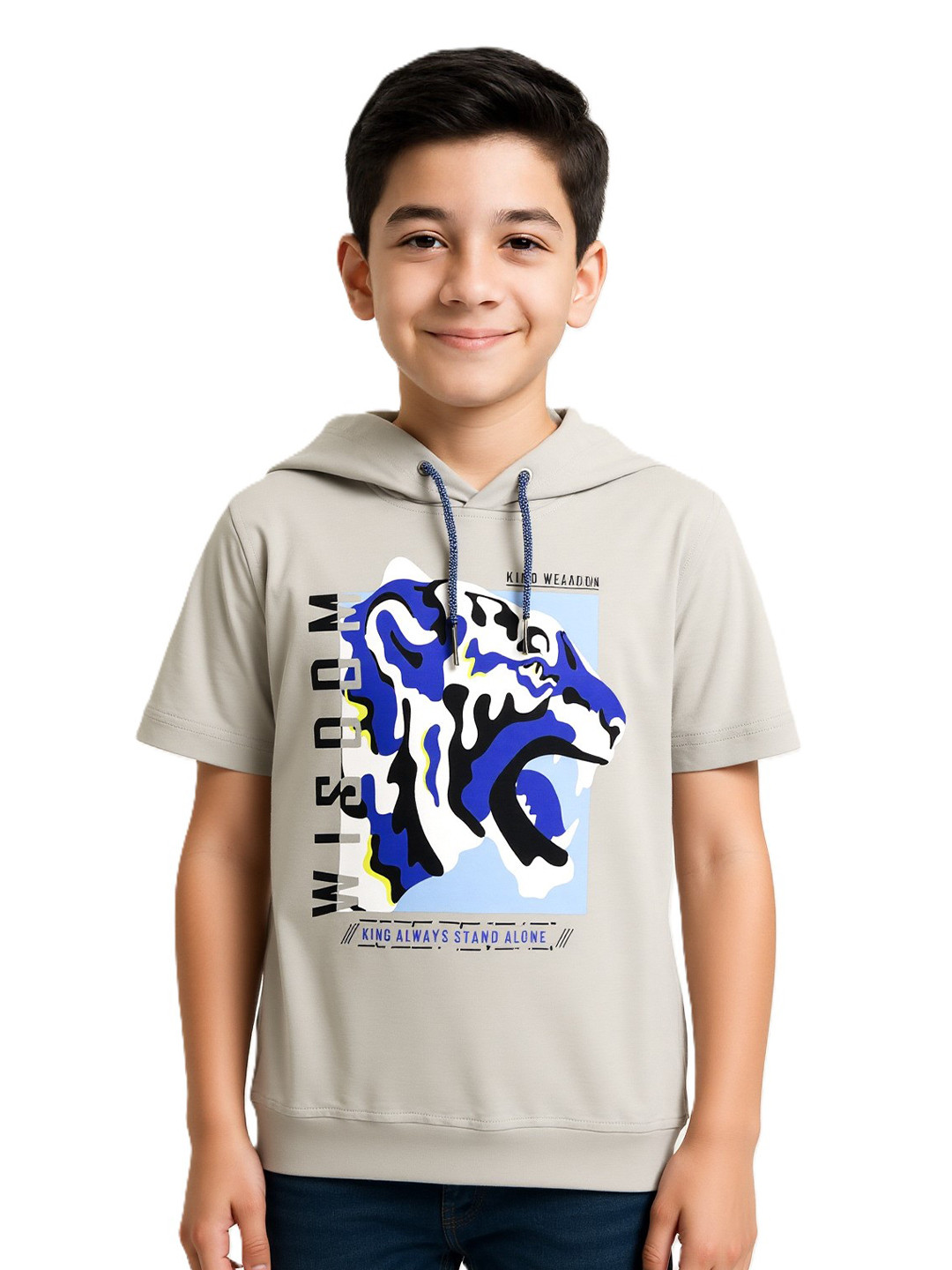 CAVIO Boys Grey Printed Hooded T-shirt