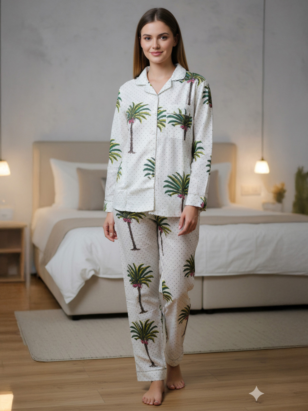 MASU LIVING Tropical Printed Pure Cotton Lapel Collar Night suit