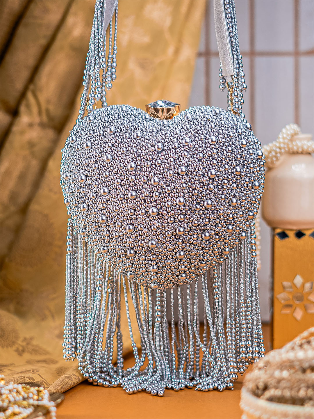 NR By Nidhi Rathi Pearl Embellished Heart-Shaped Box Clutch