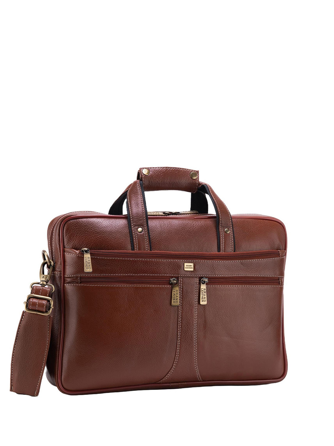 BRAND LEATHER Zip Closure Leather Laptop Bag With Detachable Sling Strap