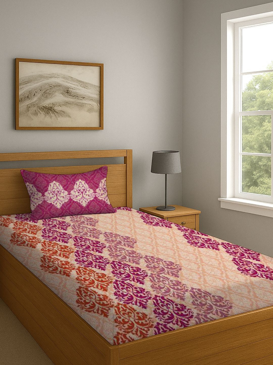 BOMBAY DYEING Magenta & Brown Motifs Printed Cotton 104 TC Single Bedsheet 1.40 M X 2.24 M