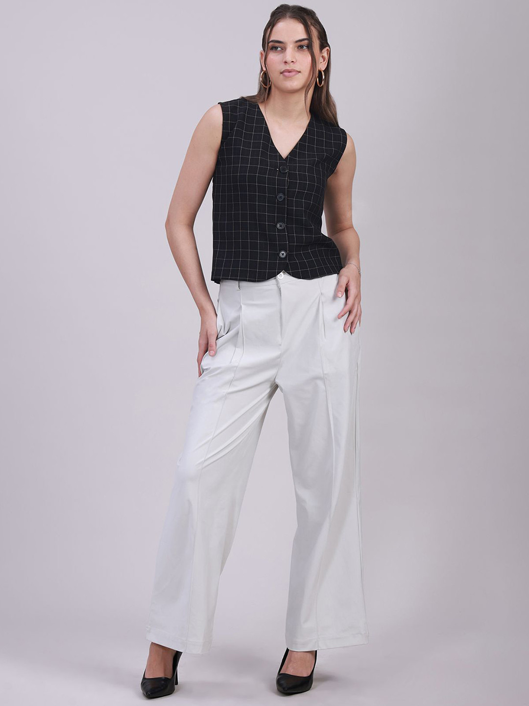 Sands of India Women Collarless Checked Tailored Jacket