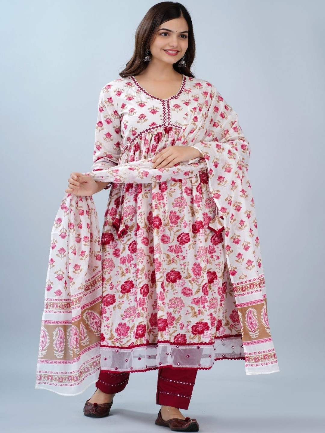 NEW ICON COLLECTION Floral Printed Anarkali Pure Cotton Kurta With Trouser & Dupatta