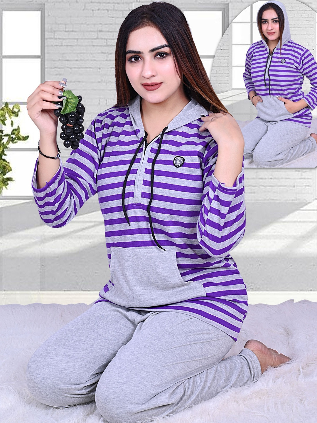 Clothus Striped Hooded Satin T-Shirt With Pyjamas