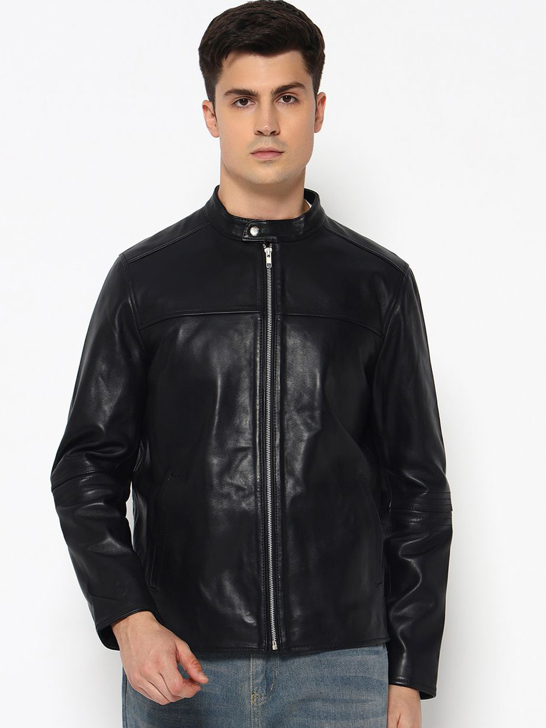 MaheTri Men's Timeless Plain Black Leather Jacket