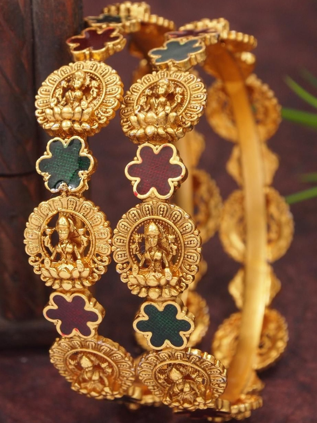 SGA FASHION Set Of 2 Gold-Plated Lakshmi Mata Ji Motifs Meenakari Bangles