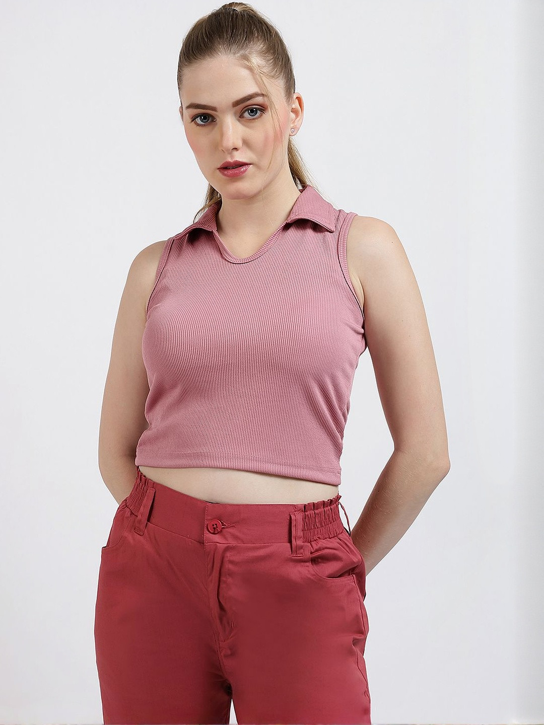 SZN Women Ribbed Sleeveless Crop Top with Shirt Collar