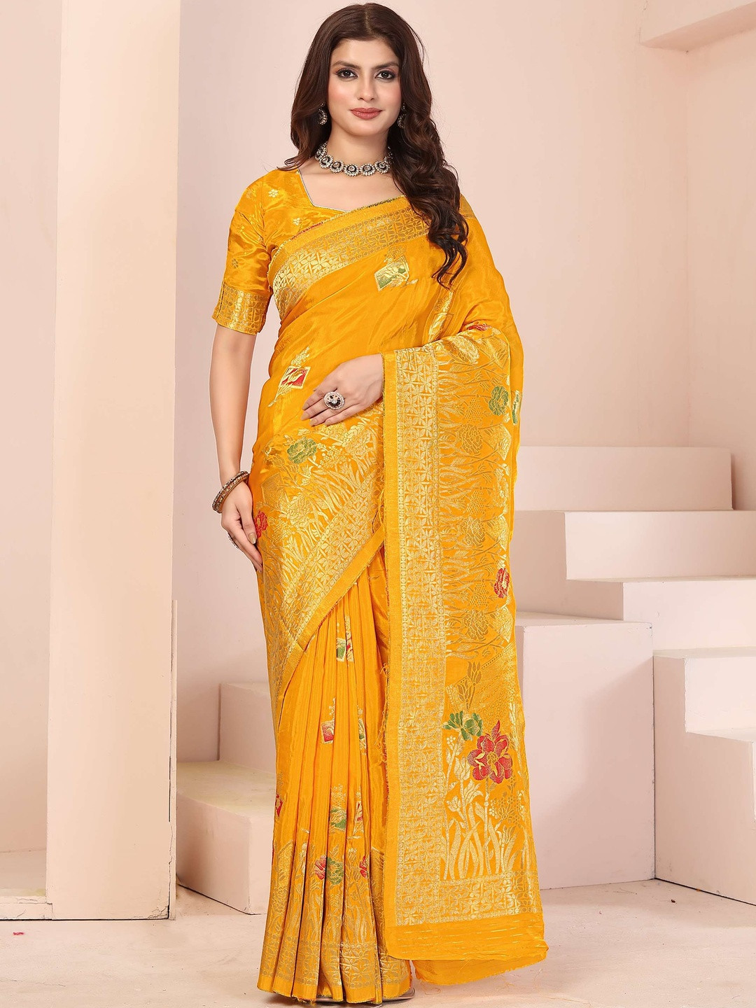 RUDIT CREATION Floral Woven Design Zari Saree With Blouse Piece