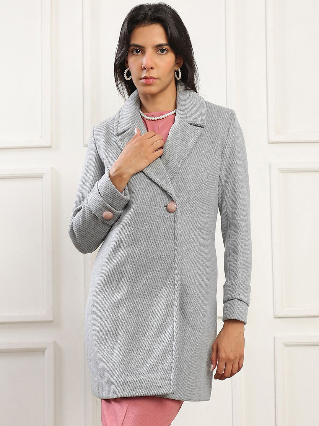 Globus Women Notched Lapel Long Sleeves Striped Self Design 2 Pockets Hip Length Overcoat