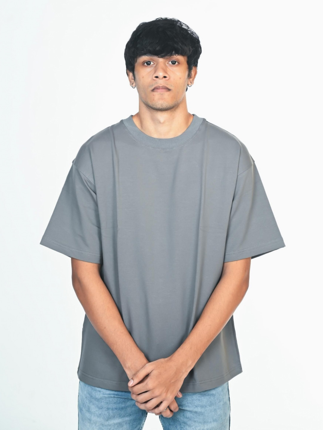 MOKIMI Men Cotton Oversized Solid Grey Casual Half Sleeve T-Shirt