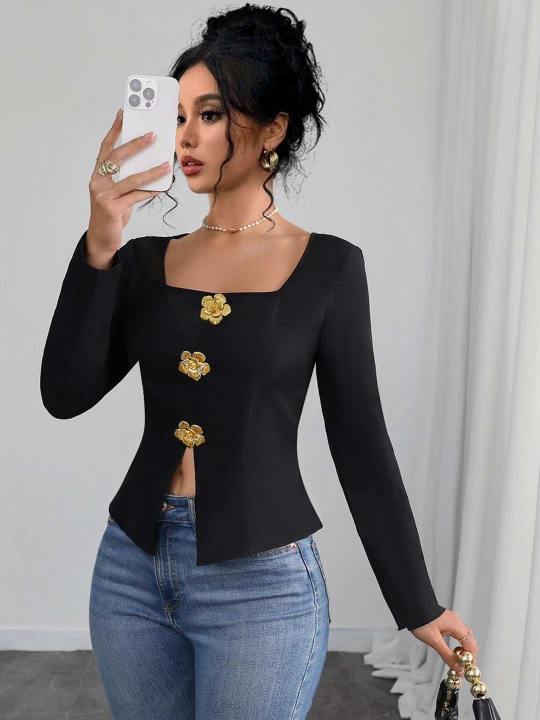 Outzidr Women Square Neck Long Sleeves Front Slit Top