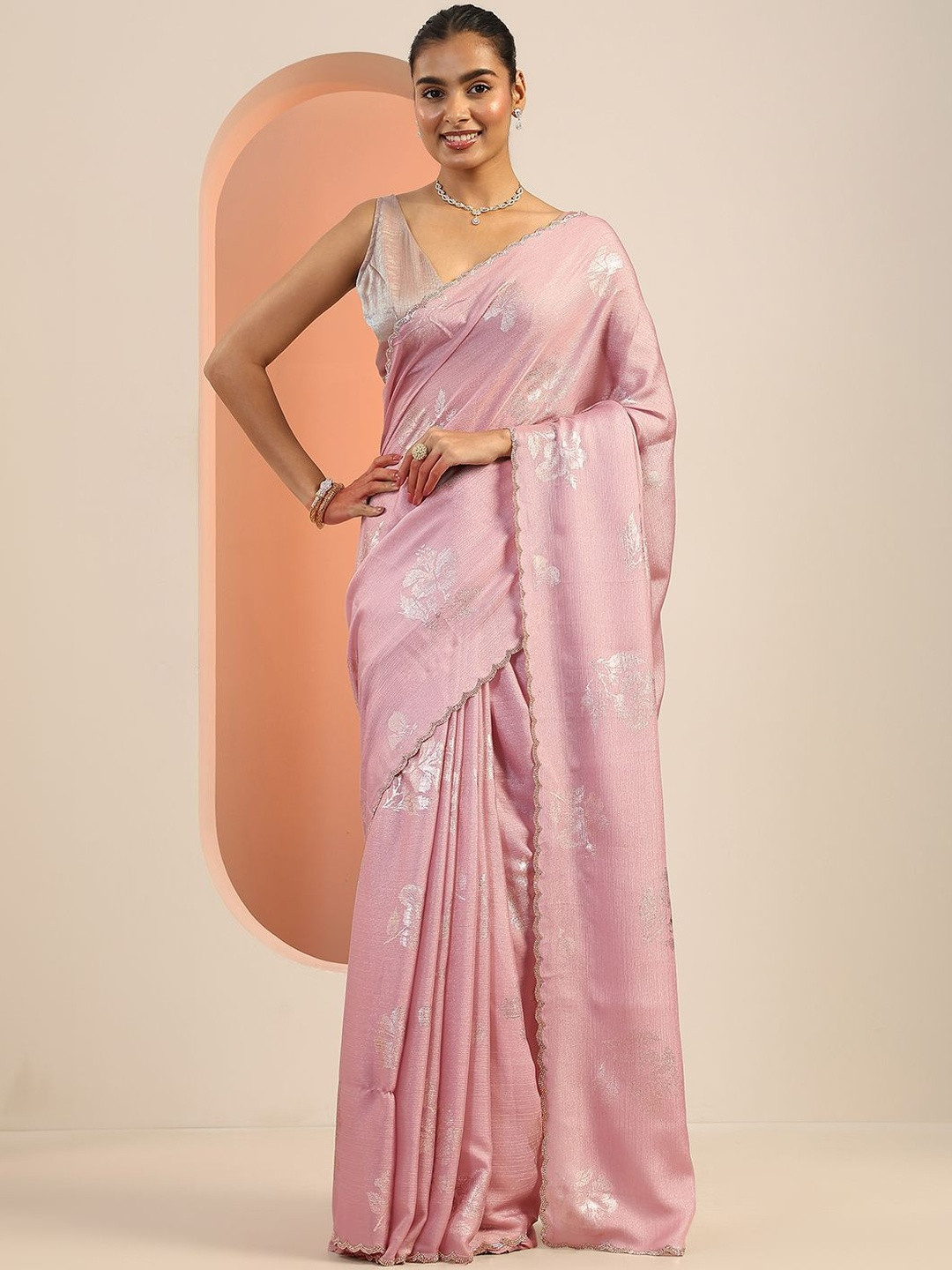 Libas Pink Printed Sarees With Unstitched Blouse Piece