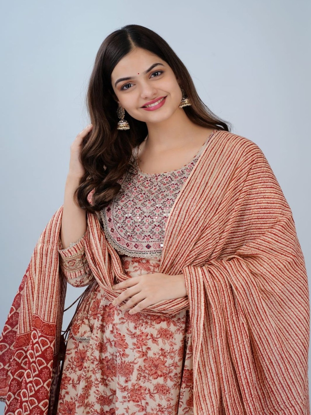 NEW ICON COLLECTION Women Floral Printed Cotton Anarkali Kurta with Trousers & Dupatta