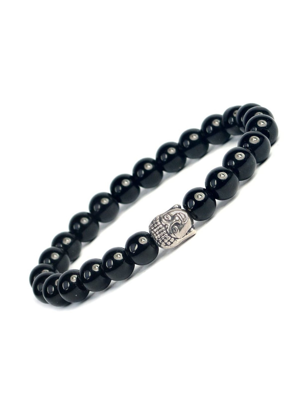 SENROAR Unisex Black Crystals Elasticated Obsidian Buddha Charm Bracelet
