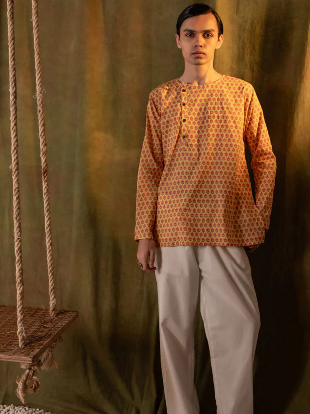 VANCHA Men Printed Side Placket Cotton Short Kurta