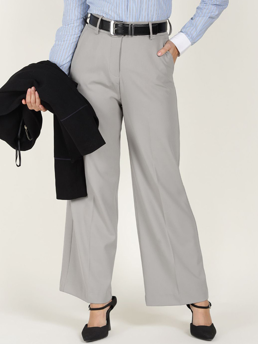 Hancock Women Solid Wide Leg High-Rise Wrinkle Free Wide Leg Stretchable Formal Trousers