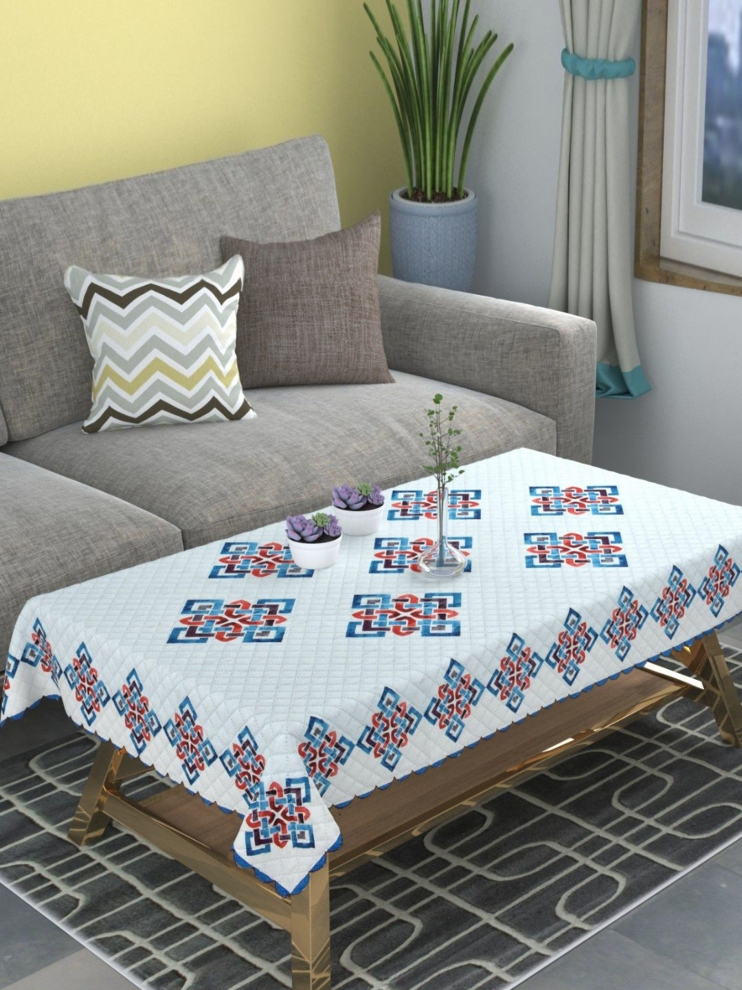 G TRADING HUB White Geometric Printed 4-Seater Table Cover with Textured details