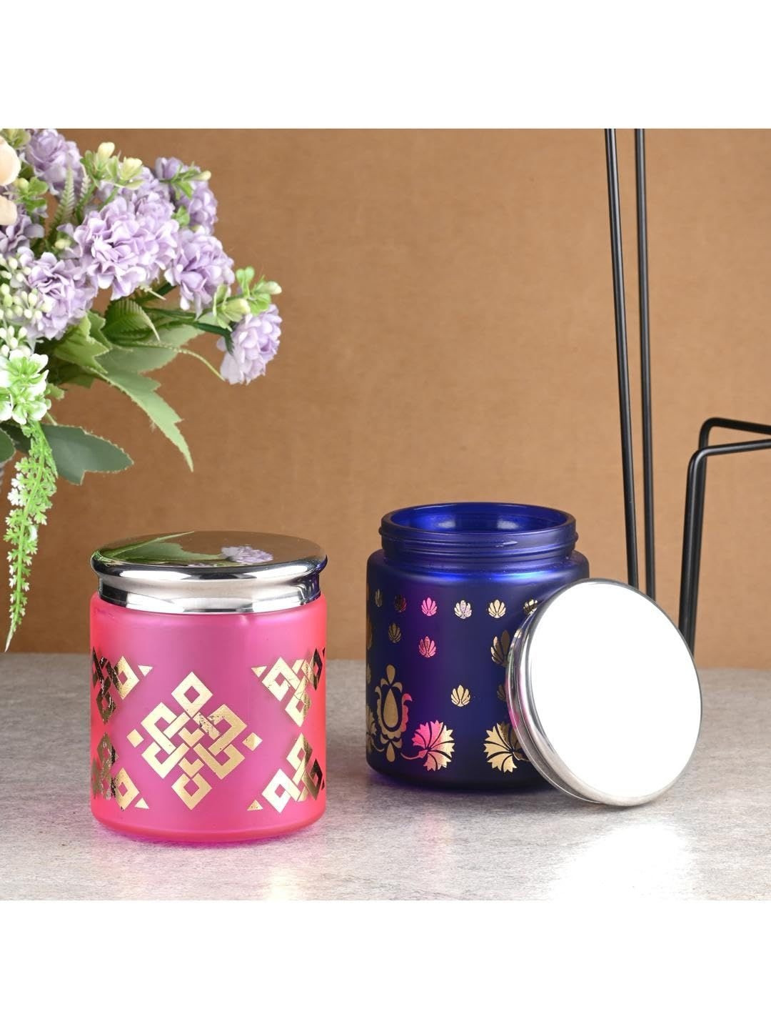 1ST TIME Blue And Pink Round Floral Printed Glass Jar