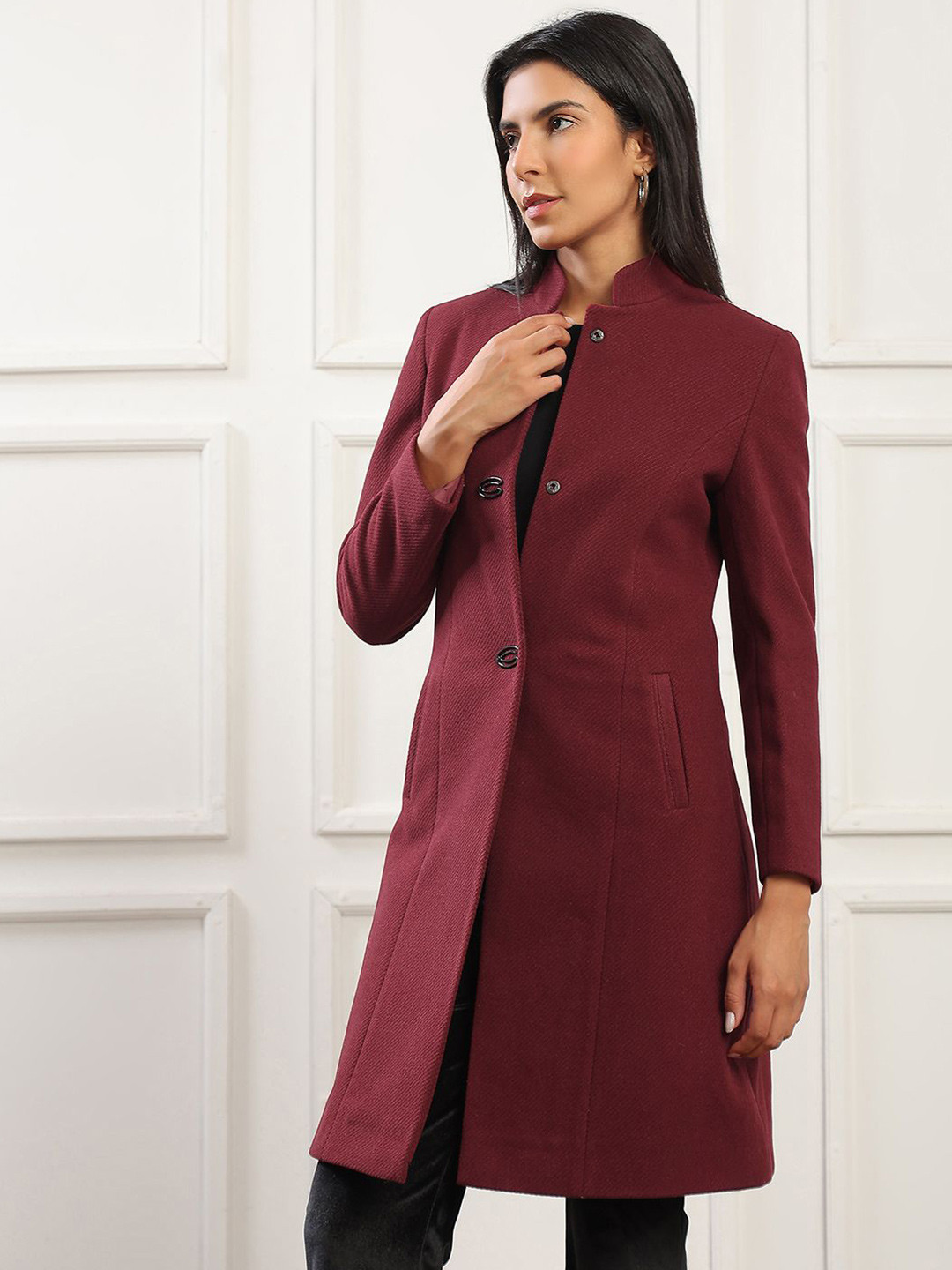 Globus Women Red Mock Collar Long Sleeves Striped 2 Pockets Knee Length Overcoat