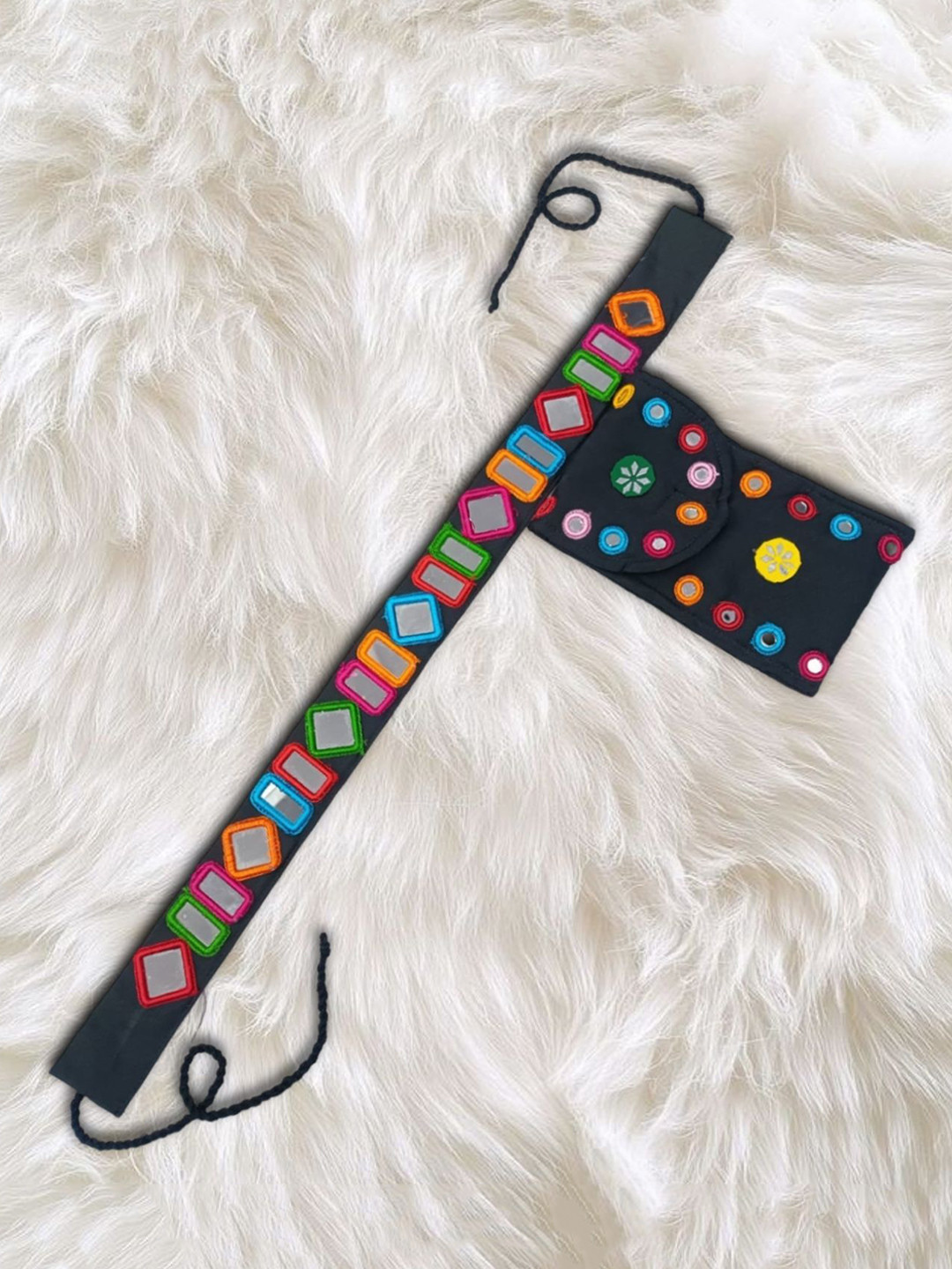 Niddleman Women Handmade Embroidered Fabric Belt with Matching Sling Pouch