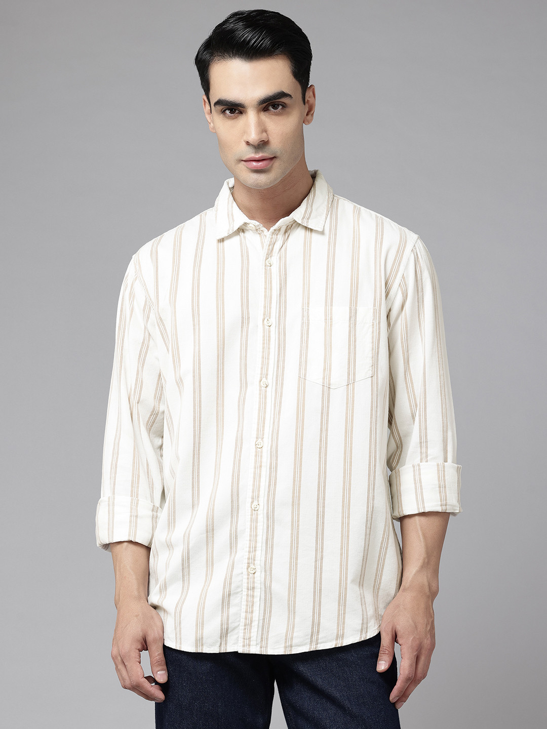 Sand Dunes Vertically Striped Pure Cotton Slim Fit Corduroy Shirt