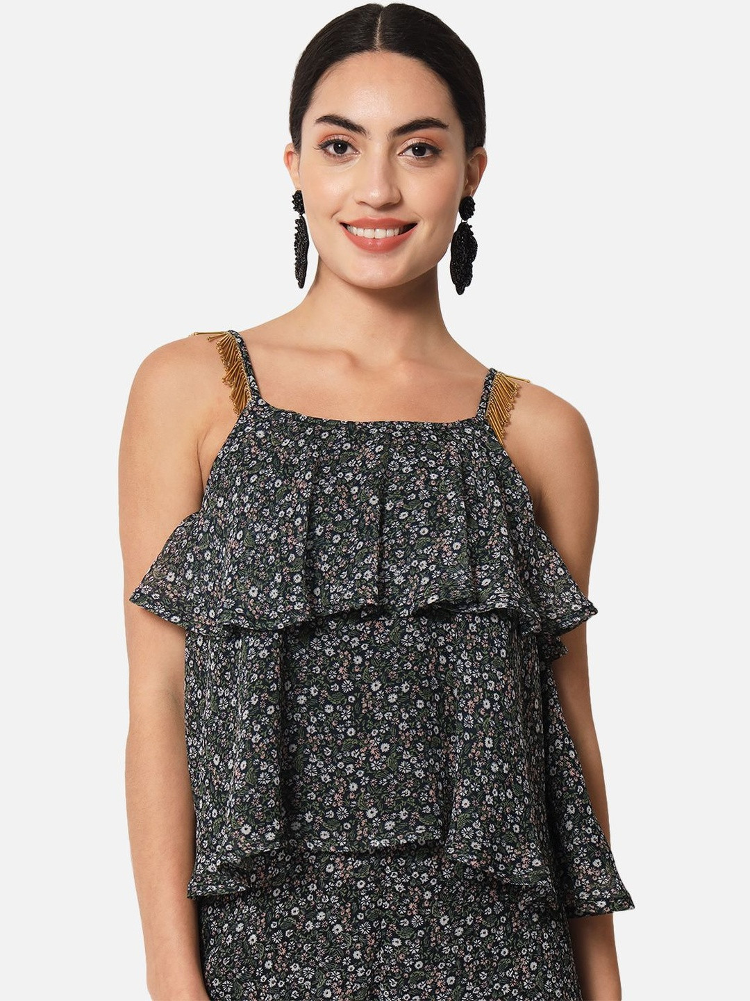 SZN Women Black Floral Printed Sleeveless Georgette Tiered Top