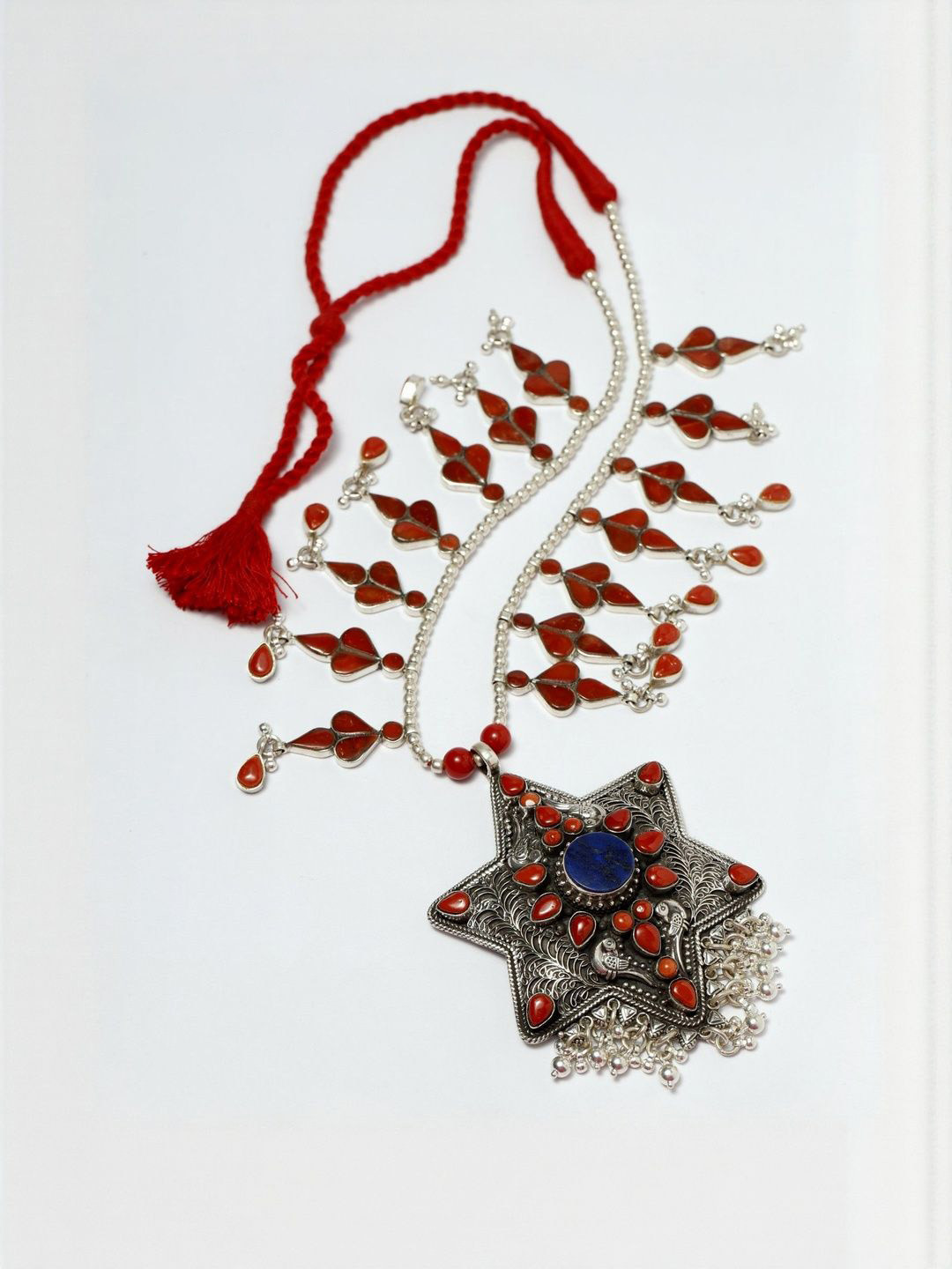 Exotic India Sterling Silver Coral & Lapis Lazuli Stone Studded Star Shape Necklace