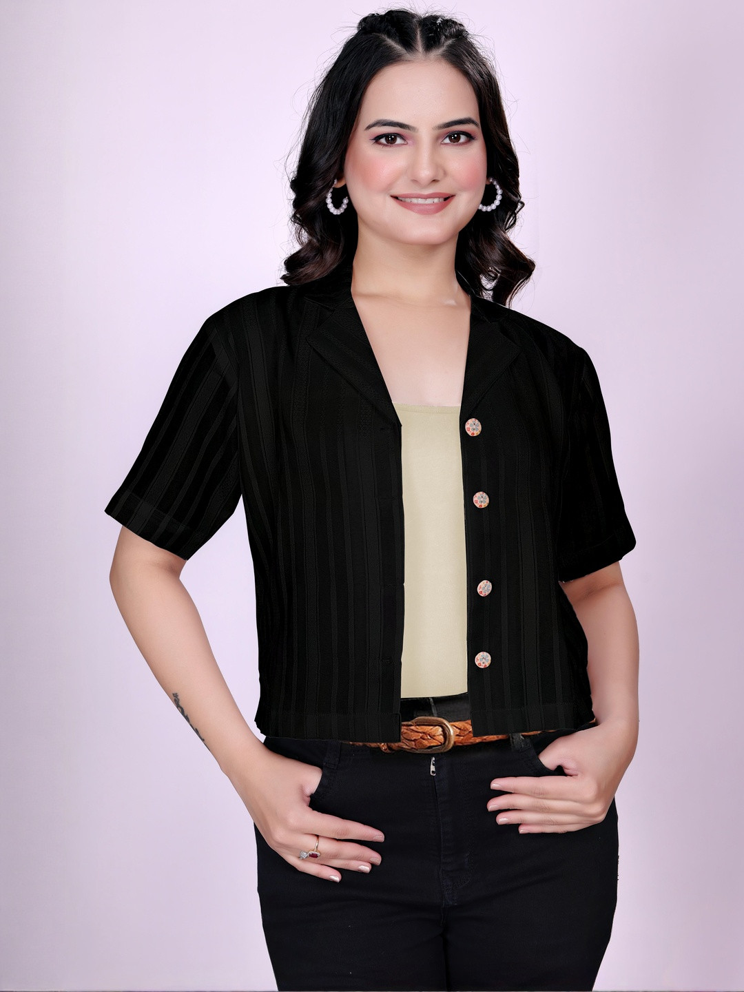 BUSCOTT Women Black Solid Polyester Semi Sheer Formal Shirt