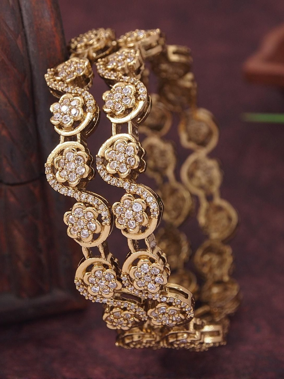 SGA FASHION Set of 2 Victorian-Plated American Diamond Studded Floral Bangles