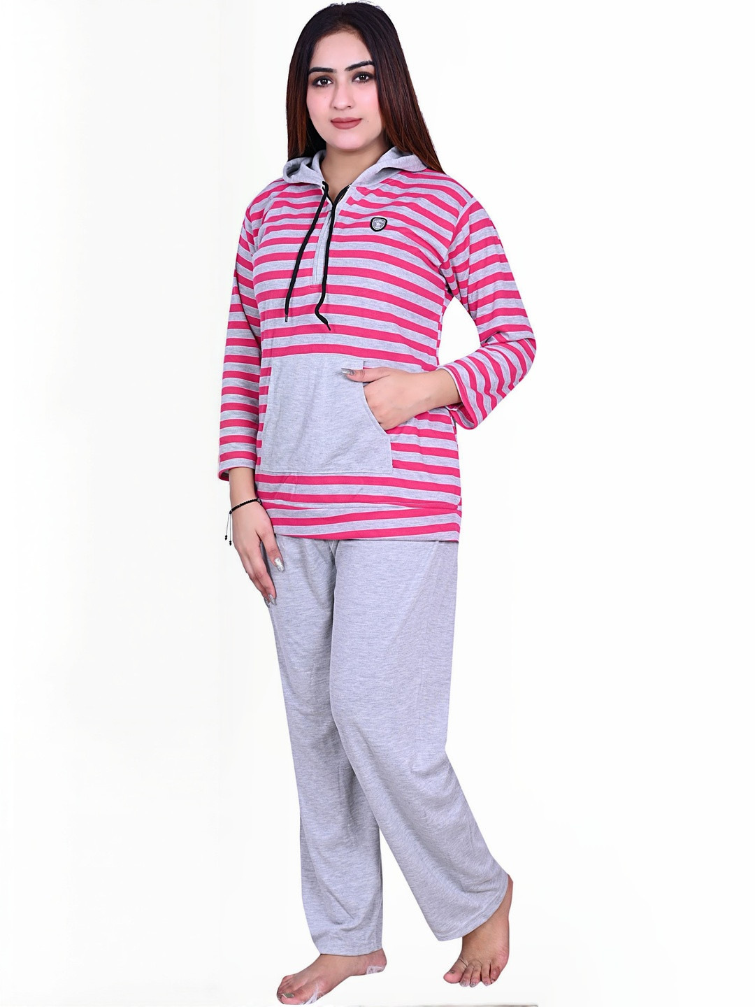 Clothus Striped Hooded Satin T-Shirt With Pyjamas