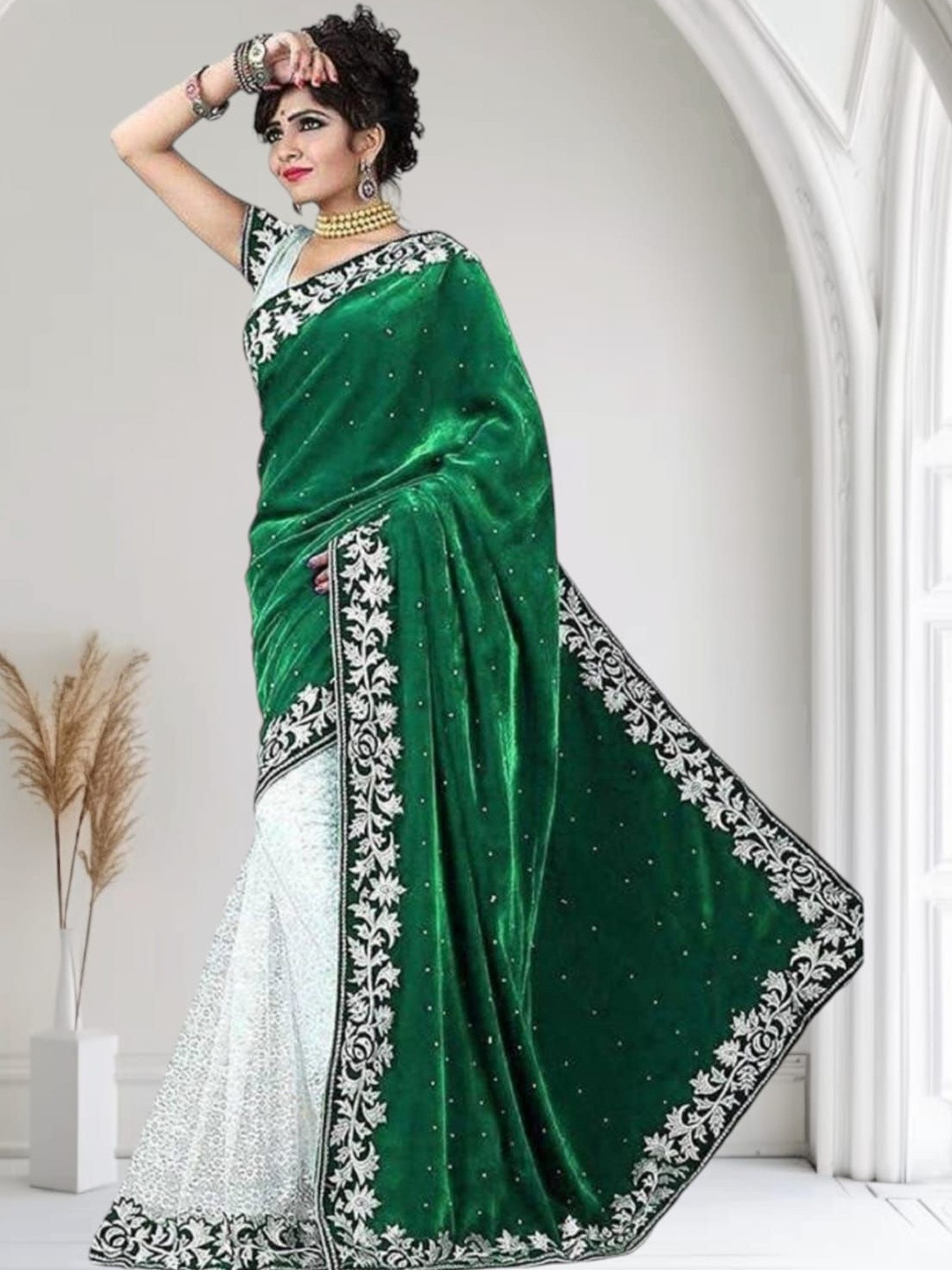fashion field Ethnic Motifs Embroidered  Beads and Stones Work Velvet Saree