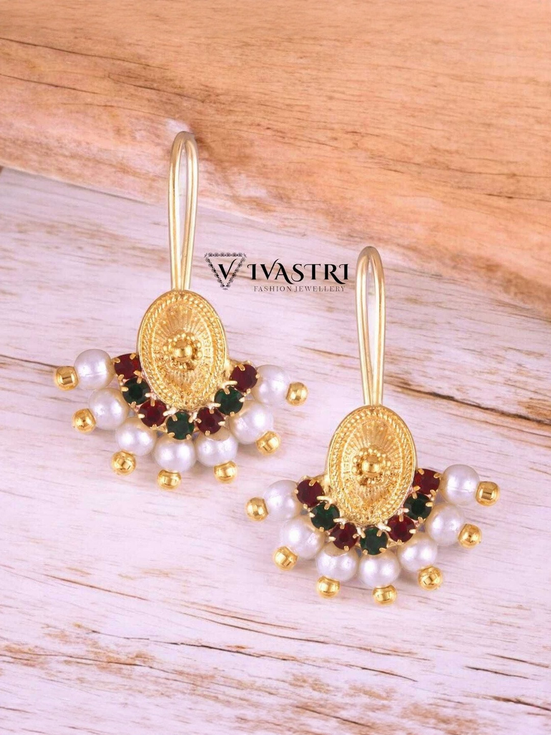 VIVASTRI Gold-Plated Artificial Stones Studded And Beaded Oval Shape Ear Cuffs