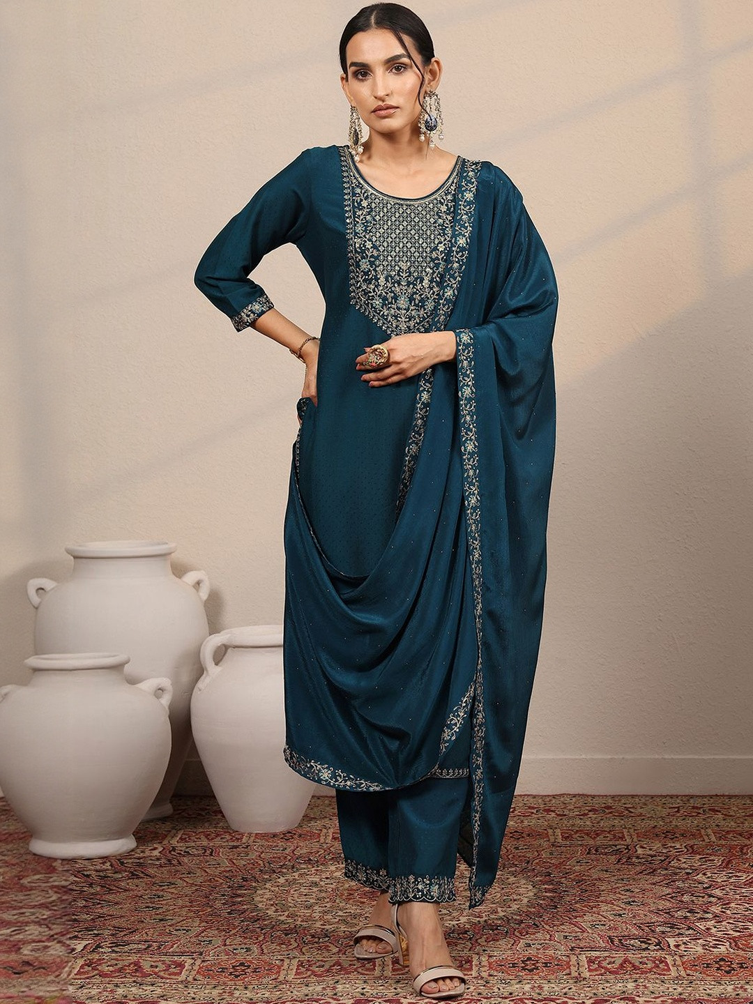 Libas Art Ethnic Motifs Embroidered Thread Work Yoke Design Kurta With Trouser And Dupatta